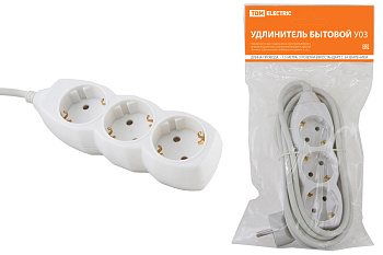 SQ1303-0000 Удлинитель  бытовой У03  3 гнезда, 1,5метра, с заземлением, ПВС 3х1мм2  16А/250В TDM