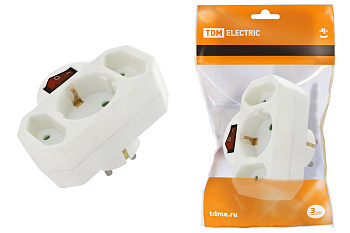 SQ1806-0202 Блок на 3 гнезда с выключателем с индикацией: 1x2П+3 16А+2х2П 2,5А под плоскую вилку 250B белый TDM