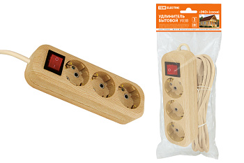 SQ1303-2101 Удлинитель бытовой  У03В выключатель, 3 гнезда, 3метра,2П+3, ПВС 3х1мм2 "Эко" (сосна) 16А/250В TDM