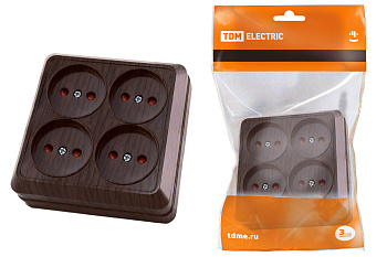 SQ1801-0321 Розетка четырехместная 2П открытой установки IP20 10A с защитными шторками бук "Ладога" TDM