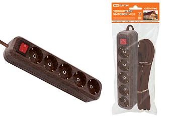 SQ1303-3121 Удлинитель бытовой  У05В выключатель, 5 гнезд, 3метра,2П+3, ПВС 3х1мм2 "Эко" (бук) 16А/250В TDM