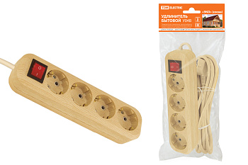 SQ1303-2112 Удлинитель бытовой  У04В выключатель, 4 гнезда, 5метров,2П+3, ПВС 3х1мм2 "Эко" (сосна) 16А/250В TDM