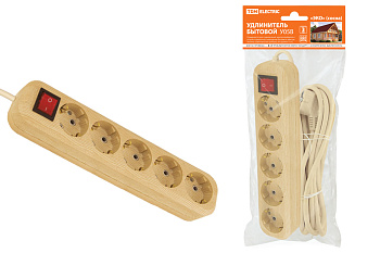 SQ1303-2122 Удлинитель бытовой  У05В выключатель, 5 гнезд, 5метров,2П+3, ПВС 3х1мм2 "Эко" (сосна) 16А/250В TDM