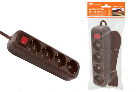 SQ1303-3112 Удлинитель бытовой  У04В выключатель, 4 гнезда, 5метров,2П+3, ПВС 3х1мм2 "Эко" (бук) 16А/250В TDM - купить выгодно в Электромеханике