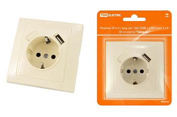 SQ1814-0140 Розетка 2П+З с защ. шт. 16А 250В + USB порт 2,1А 5В сл. кость "Таймыр" TDM