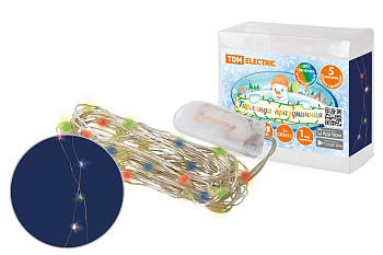 SQ0361-0060 Гирлянда светодиодная "Роса50" 50LED, 5м, многоцветная, 2хCR2032 , TDM