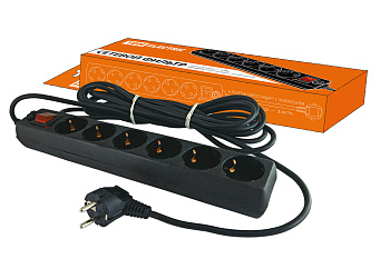 SQ1304-0012 Сетевой фильтр СФ-06В выключатель, 6 гнезд, 3 метра, с заземлением, ПВС 3х1мм2 16А/250В черный TDM