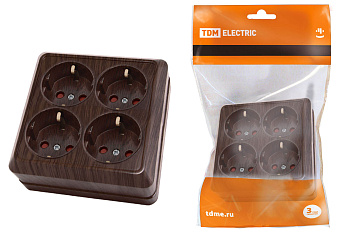 SQ1801-0323 Розетка четырехместная 2П+3 открытой установки IP20 16A с защитными шторками бук "Ладога" TDM